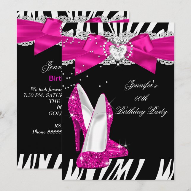 Invitación Zebra Hot Pink High Heel Shoel Black Birthday 4 (Anverso / Reverso)