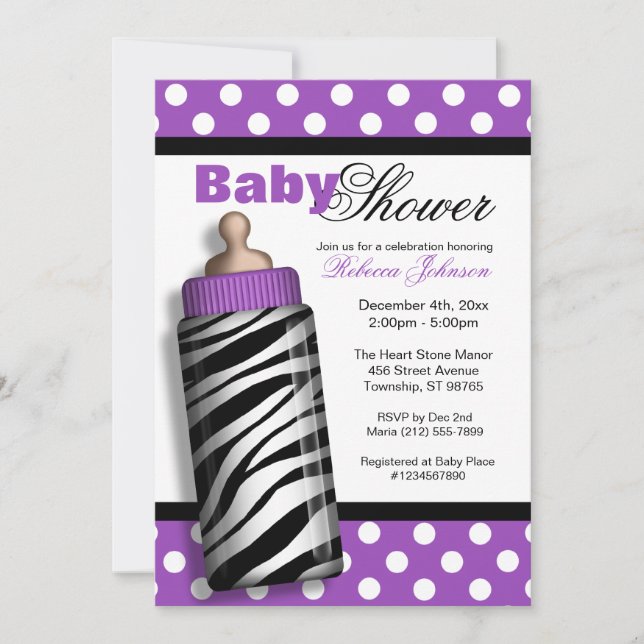 Invitación Zebra Imprimir frasco de bebé morado Baby Shower (Anverso)