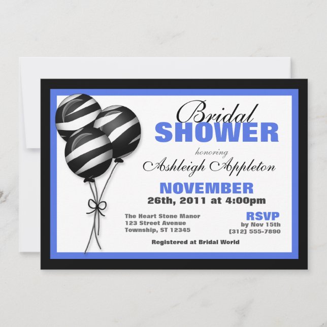 Invitación Zebra Print Balloons Blue Bridal Shower (Anverso)