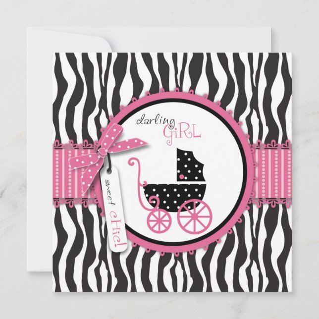 Invitación Zebra Print & Cochecito de Bebé Baby Shower (Anverso)