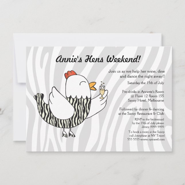 Invitación Zebra Print Funny Hen - Hens Fiesta Bachelorette (Anverso)