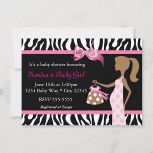 Invitación Zebra Print y Lazo Rosa Mod Mamá Shower de Niña