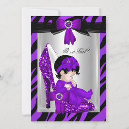 Invitación Zebra Purple High Heels Baby Shower Brunette Chica