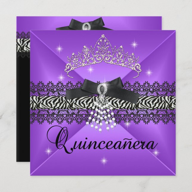 Invitación Zebra Quinceanera 15 cumpleaños partido morado neg (Anverso / Reverso)