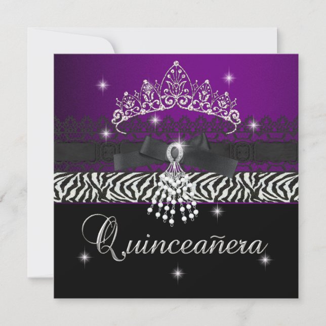 Invitación Zebra Quinceanera 15 cumpleaños partido morado neg (Anverso)