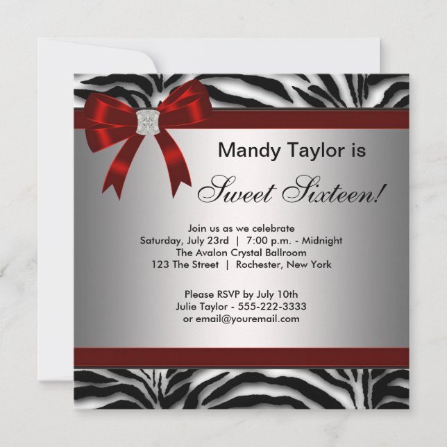 Invitación Zebra Red Bow Fancy Sweteen (Anverso)