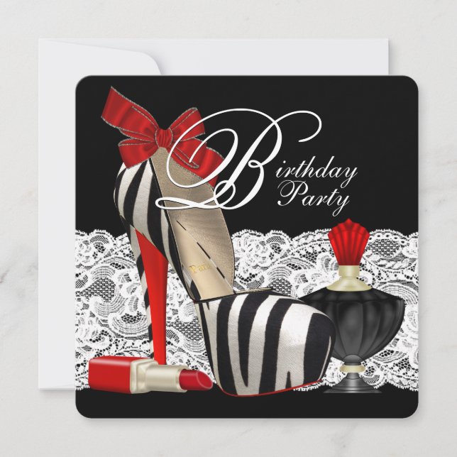Invitación Zebra roja de talón alto zapatos Fiesta de cebra r (Anverso)