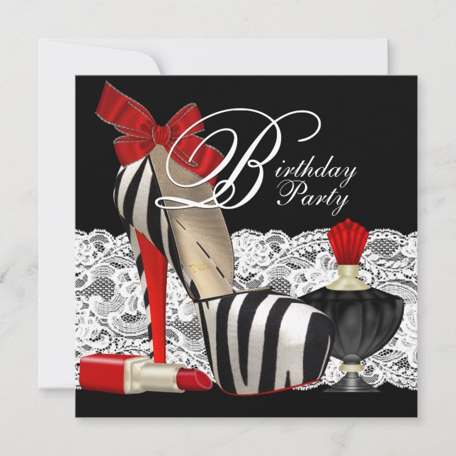 Invitación Zebra roja de talón alto zapatos Fiesta de cebra r (Anverso)