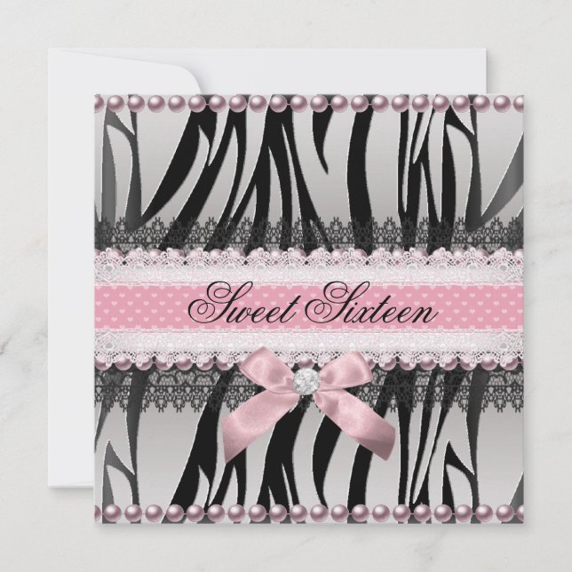 Invitación Zebra Rosa Bow Rosa Zebra Sweet 16 Cumpleaños (Anverso)