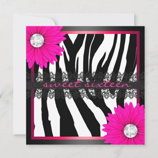 Invitación Zebra rosa caliente Dieciséis (Anverso)