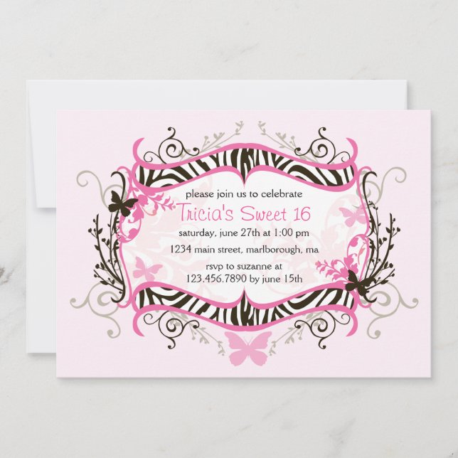 Invitación Zebra rosa caliente dulce 16 (Anverso)