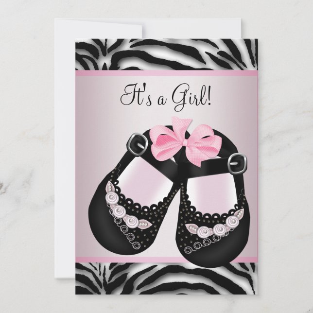 Invitación Zebra rosa negra zapatillas rosa Baby Shower (Anverso)