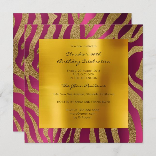 Invitación Zebra Safari Animal Skine Raspberry Mustard Gold (Anverso / Reverso)