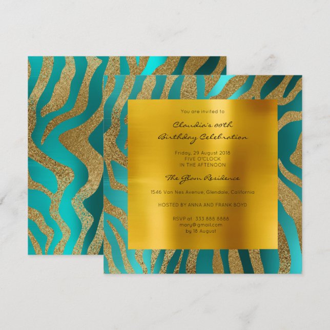 Invitación Zebra Safari Piel animal Mostaza Verde azulada Oro (Anverso / Reverso)