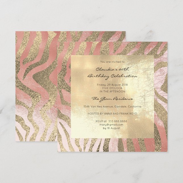Invitación Zebra Safari Piel animal Rosa Rosa Rubor Gold (Anverso / Reverso)