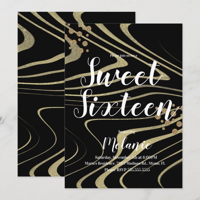 Invitación Zebra Sweet 16 Purpurina Faux Gold y Relieve metal (Anverso / Reverso)