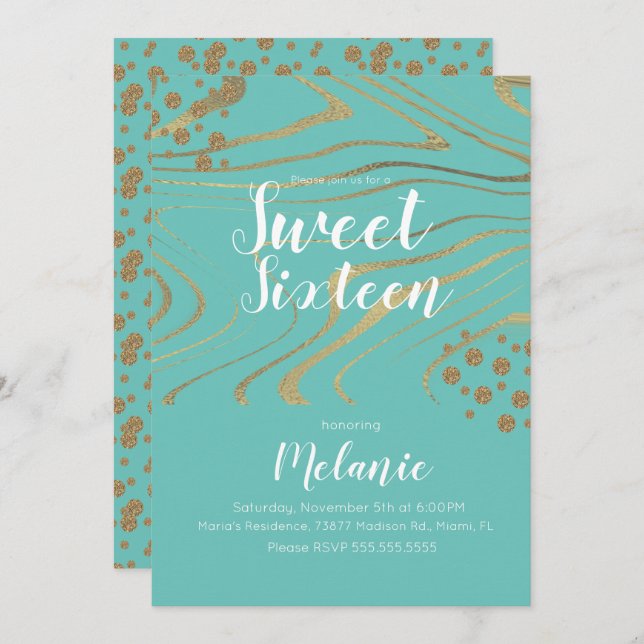 Invitación Zebra Sweet 16 Purpurina Faux Gold y Relieve metal (Anverso / Reverso)