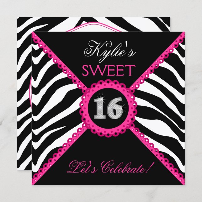 Invitación Zebra Sweet Dieciséis Lace Rosado Bling (Anverso / Reverso)