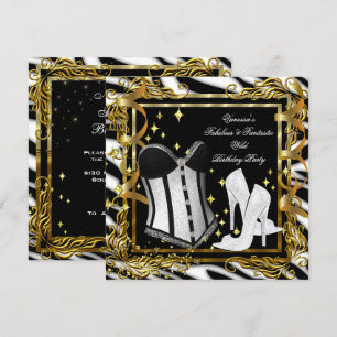 Invitación Zebra Tacón Alto Corsé Negro Dorado Fiesta de Cump