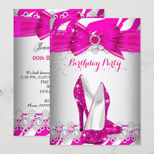 Invitación Zebra Tacón Alto Rosa Fucsia Encaje Perla Fiesta d