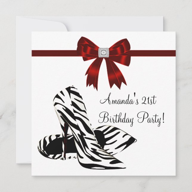Invitación Zebra Tacones Altos Cumpleaños 21 de Mujer (Anverso)