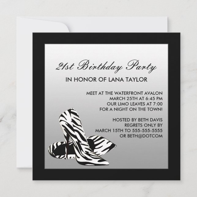 Invitación Zebra Tacones Altos Fiesta Cumpleaños 21 (Anverso)