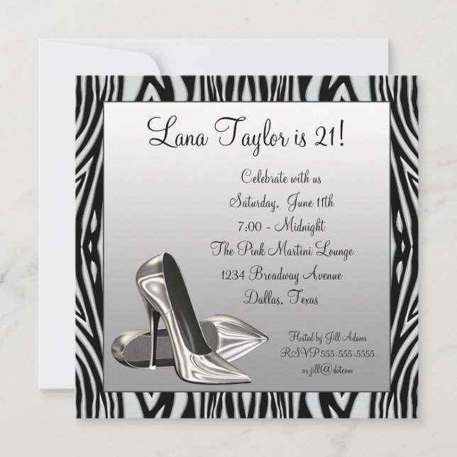 Invitación Zebra Tacones Altos Fiesta de Cumpleaños de Mujer (Anverso)