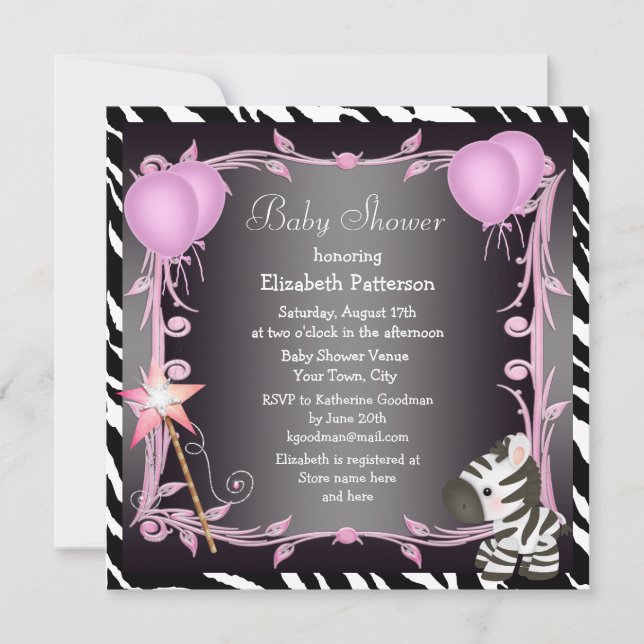 Invitación Zebra y Magic Wand Pink Princess Baby Shower (Anverso)