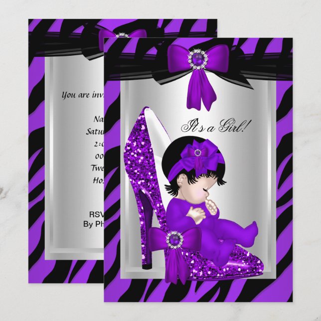 Invitación Zebra Zapatos de Tacón Alto Morado Fiesta de Bebé  (Anverso / Reverso)