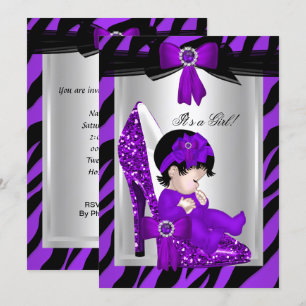 Invitación Zebra Zapatos de Tacón Alto Morado Fiesta de Bebé 