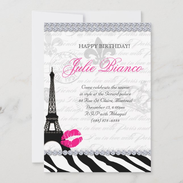 Invitación Zees Birthday Party Paris Card Eiffel Tower Zebra (Anverso)