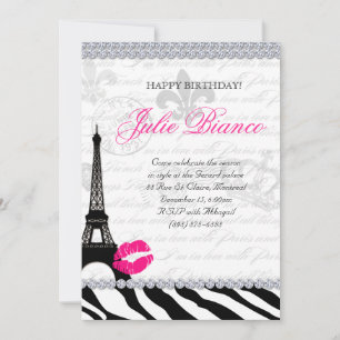 Invitación Zees Birthday Party Paris Card Eiffel Tower Zebra