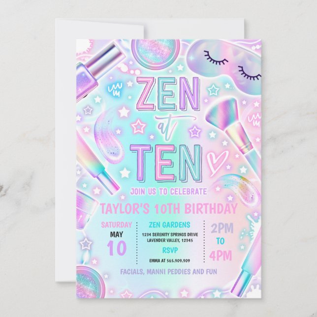 Invitación Zen At Ten Fiesta Pastel Spa Makeup 10 Años (Anverso)