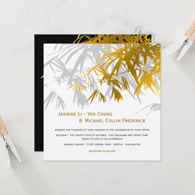Invitación Zen Bamboo deja Boda asiático moderno y dorado (Anverso/Reverso In Situ)