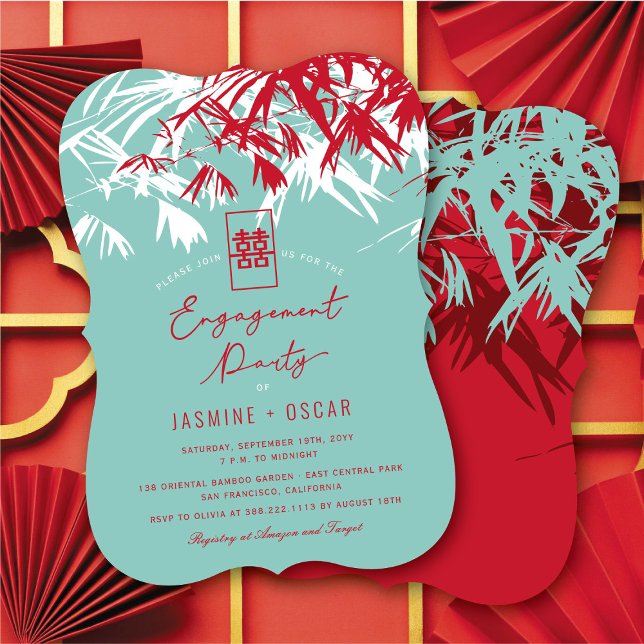 Invitación Zen Bamboo deja partido moderno de compromiso chin (Zen Bamboo Leaves Modern Chinese Engagement Party Invitation @ fatfatin_red_knot)
