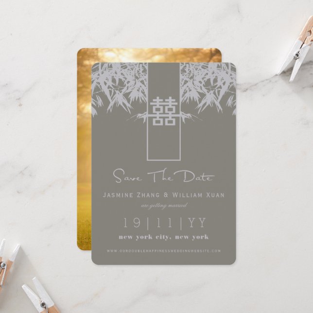 Invitación Zen Bamboo Doble Felicidad Chinos Ahorra La Fecha (Anverso/Reverso In Situ)