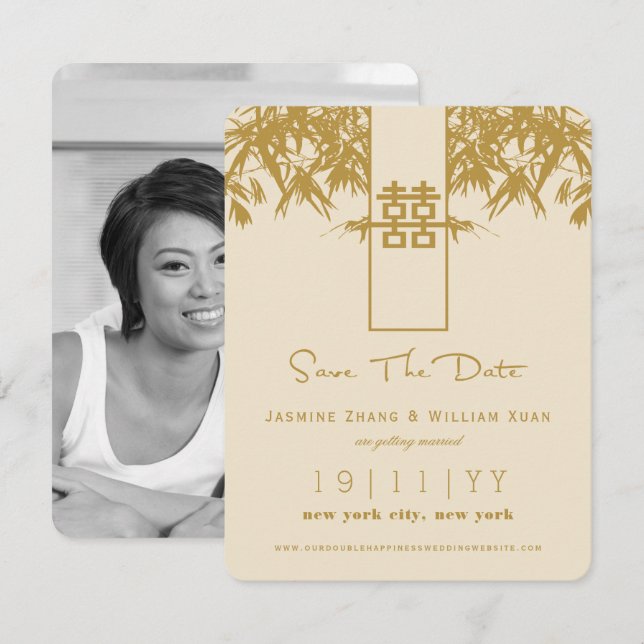Invitación Zen Bamboo Doble Felicidad Chinos Ahorra La Fecha (Anverso / Reverso)