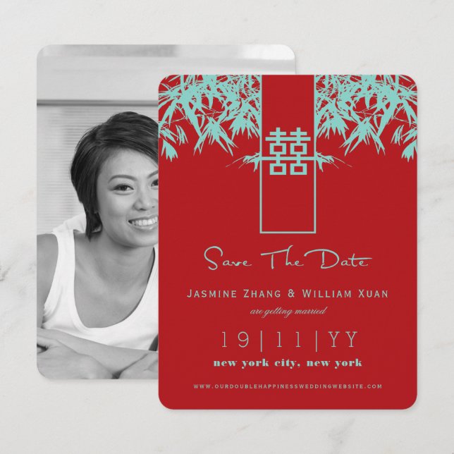 Invitación Zen Bamboo Doble Felicidad Chinos Ahorra La Fecha (Anverso / Reverso)