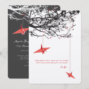 Invitación Zen Colgando Grullas de Papel Rojas Cita Boda Asiá