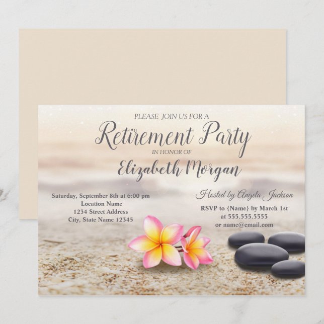 Invitación Zen Stones,Fiesta de Jubilación de Flores (Anverso / Reverso)
