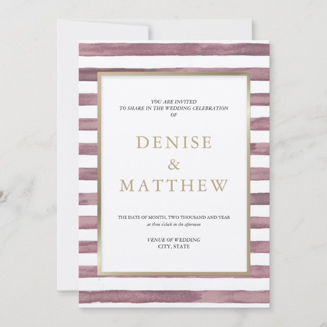 Invitación Zephyr Rosa Franjas de Acuarela y Letra Dorada I (Anverso)