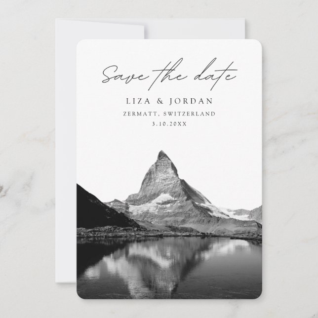 Invitación Zermatt Salve la fecha Suiza Blanco y Negro (Anverso)