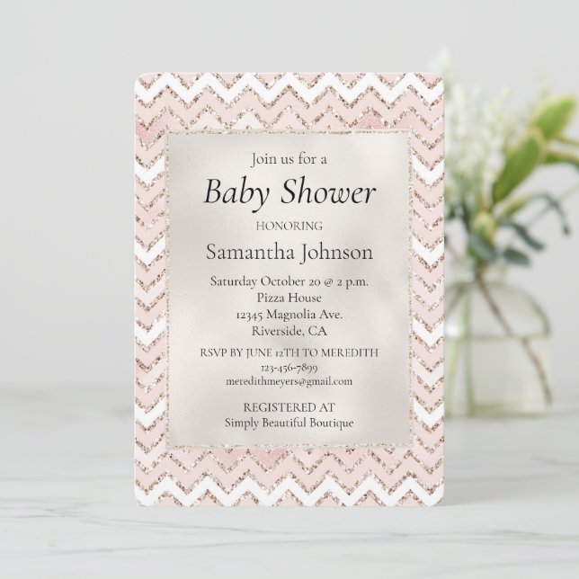 Invitación Zig Zag Baby Shower Purpurina de Glam Blanco Rosa  (Anverso de pie)