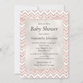 Invitación Zig Zag Baby Shower Purpurina de Glam Blanco Rosa 