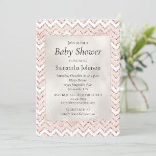Invitación Zig Zag Baby Shower Purpurina de Glam Blanco Rosa 
