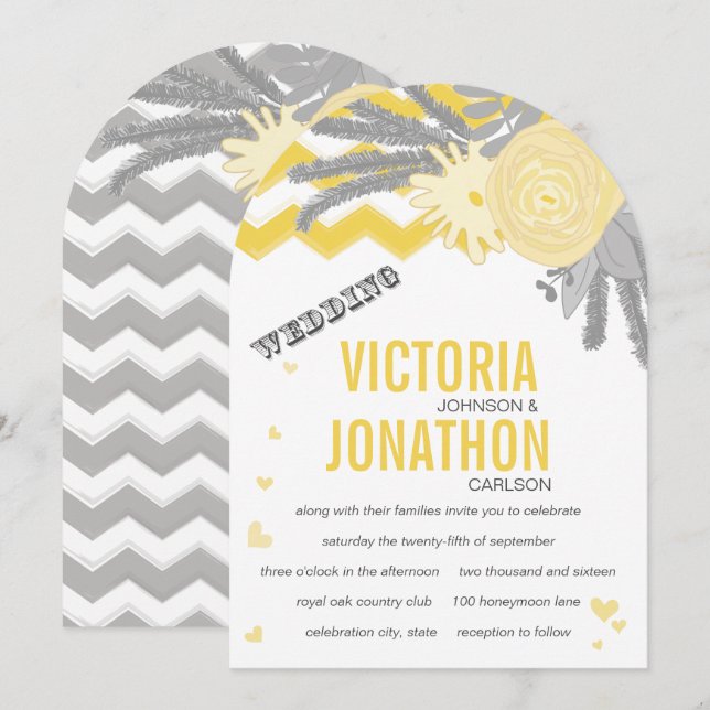 Invitación Zig Zag Gris y Amarillo Boda romántico (Anverso / Reverso)