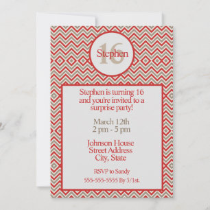 Invitación Zig Zag rojo contemporáneo blanco y cumpleaños tan