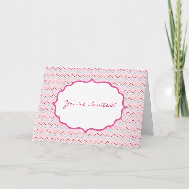 Invitación Zig Zag Rosa Y Azul Patentado (Anverso)