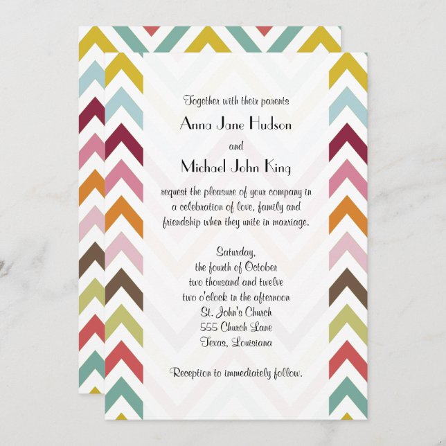 Invitación Zigzag colorido, Rainbow Zigzag, Chevron, Boda (Anverso / Reverso)