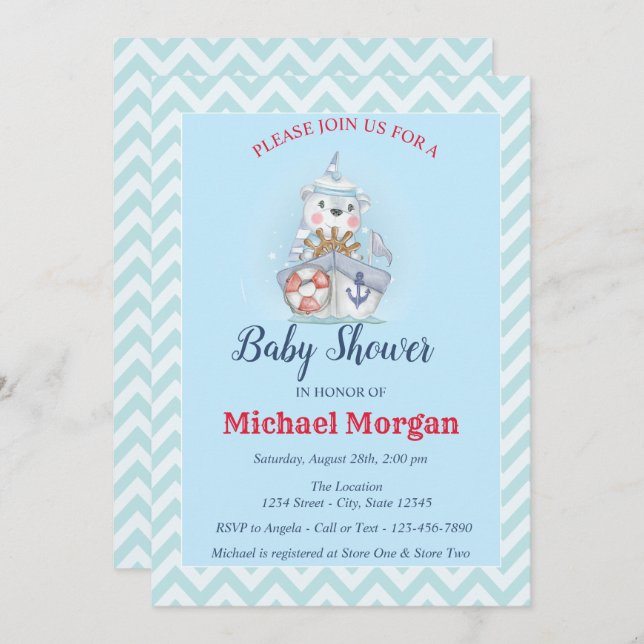 Invitación Zigzag, Sailor, Ahoy es un Baby Shower de NIÑOS (Anverso / Reverso)